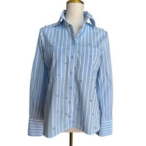Villa Fashion Blue Stripe Embellished Button Down Shirt Rhinestone Top Medium